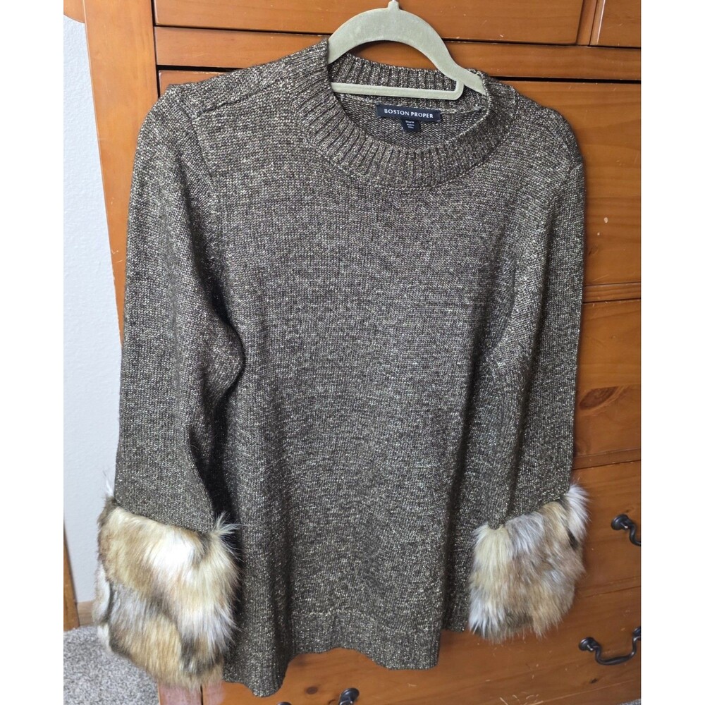 Boston Proper Metallic Brown Crewneck Sweater with Faux Fur Cuffs